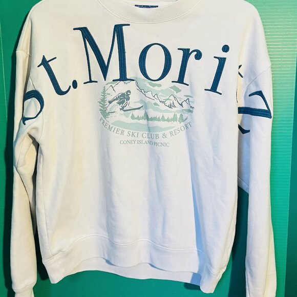 Coney Island Picnic St. Moritz Ski Club Sweatshirt Women’s Small White Crewneck - Picture 1 of 8